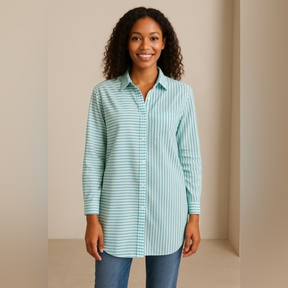 J McLaughlin Women's Blue White Striped Button Front Tunic Top EUC L #2142